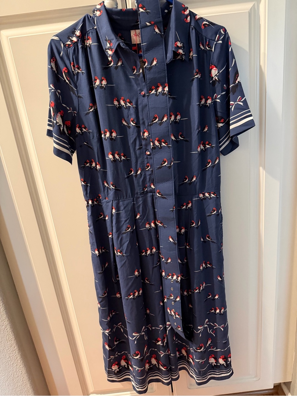 Leona Edminston Navy Midi Shirt Dress with Red Bird Print